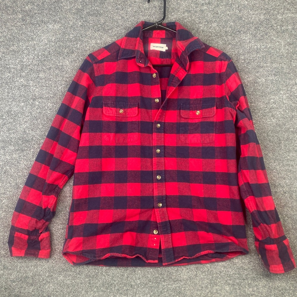 Taylor Stitch Mens Flannel Shirt Red Navy Buffalo Check Plaid Size 38 Small